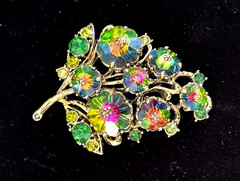 VTG Signed WEISS Gold Tn WATERMELON RIVOLI Rhinestone GRAPES CLUSTER Pin Brooch