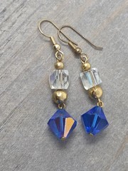 Blue & Clear AB Crystal Dangle Drop Earrings Gold Tone Accents Vintage 2 Inches