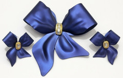 Vtg Tona Bow Ribbon Rhinestones Blue Satin Metal Brooch Earring Demi Parure Set