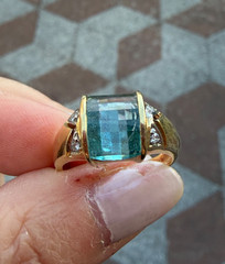 VINTAGE 14K YELLOW GOLD CHECKERBOARD PRISM CUT BLUE TOPAZ DIAMONDS RING DESIGNER