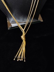 Vtg Silky Gold Tone Lariat Knot Tassel Chain Fringe Necklace Triple Strand 23 In