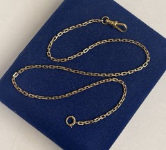7.4g Paperclip Cable Solid 14k Gold Fob 14” 2.1mm Victorian Rolo Watch Chain Vtg