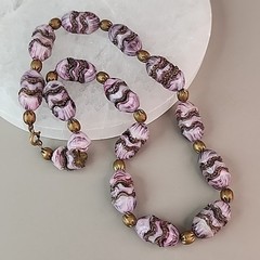 Vintage Art Deco Slag Glass Beaded Necklace Czech Purple Pinched Gold Tone 18″