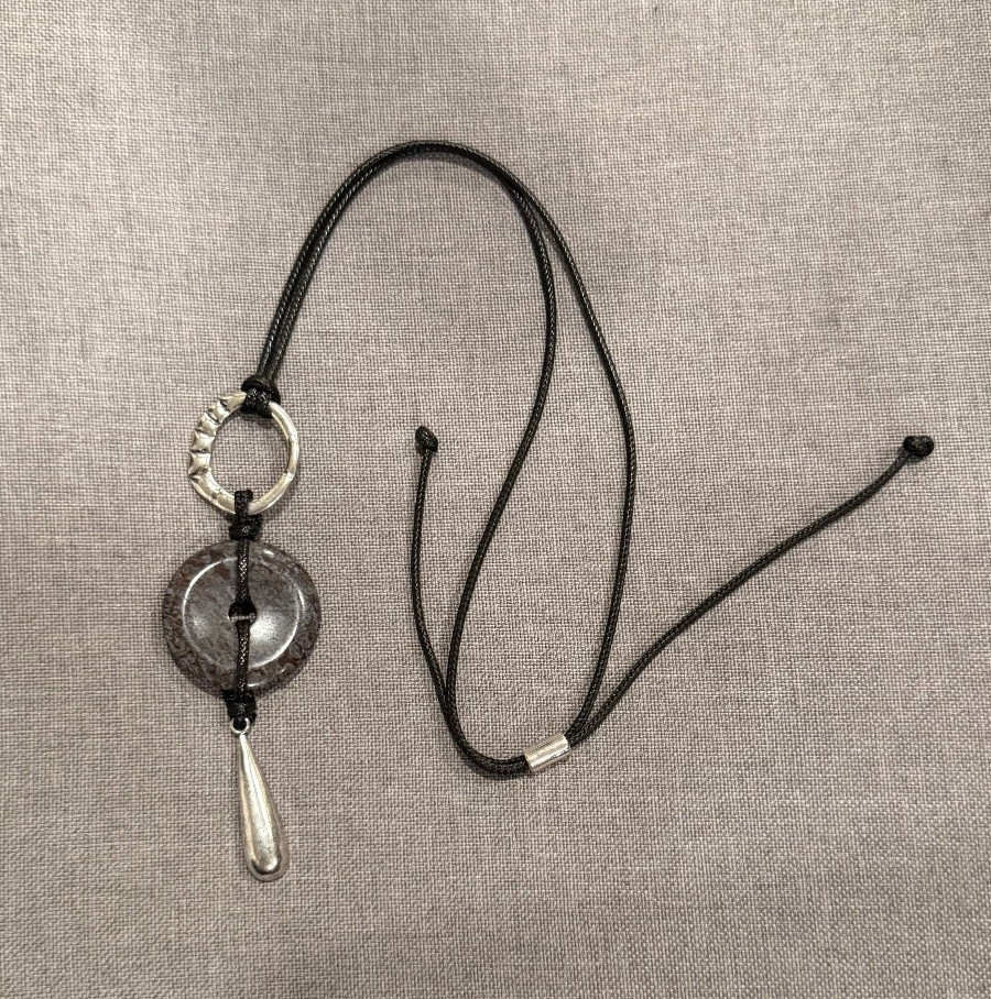Vintage Stone and Silver Pendant Necklace on Adjustable Leather Cord