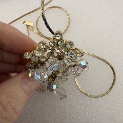 Vintage AB Glass Crystal & Clear Rhinestone Dangle Pendant Brooch &Gold Necklace