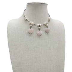 Vintage Pearl & Rose Quartz Choker Y2K Necklace Silver Tone Memory Wire Dangle