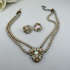 1950s Vintage Faux Pearl RHINESTONE Gold Filigree Bridal Set Earrings & Necklace