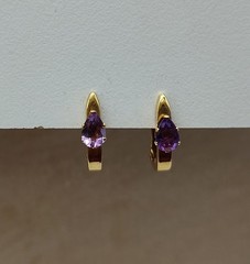 Vtg Hoop Amethyst Teardrop Stone 14k Solid Yellow Gold Post Earrings Dangle Drop