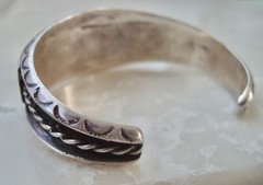 Heavy Inlay Channel Set TURQUOISE ZUNI Stamped STERLING Silver Overlay BRACELET