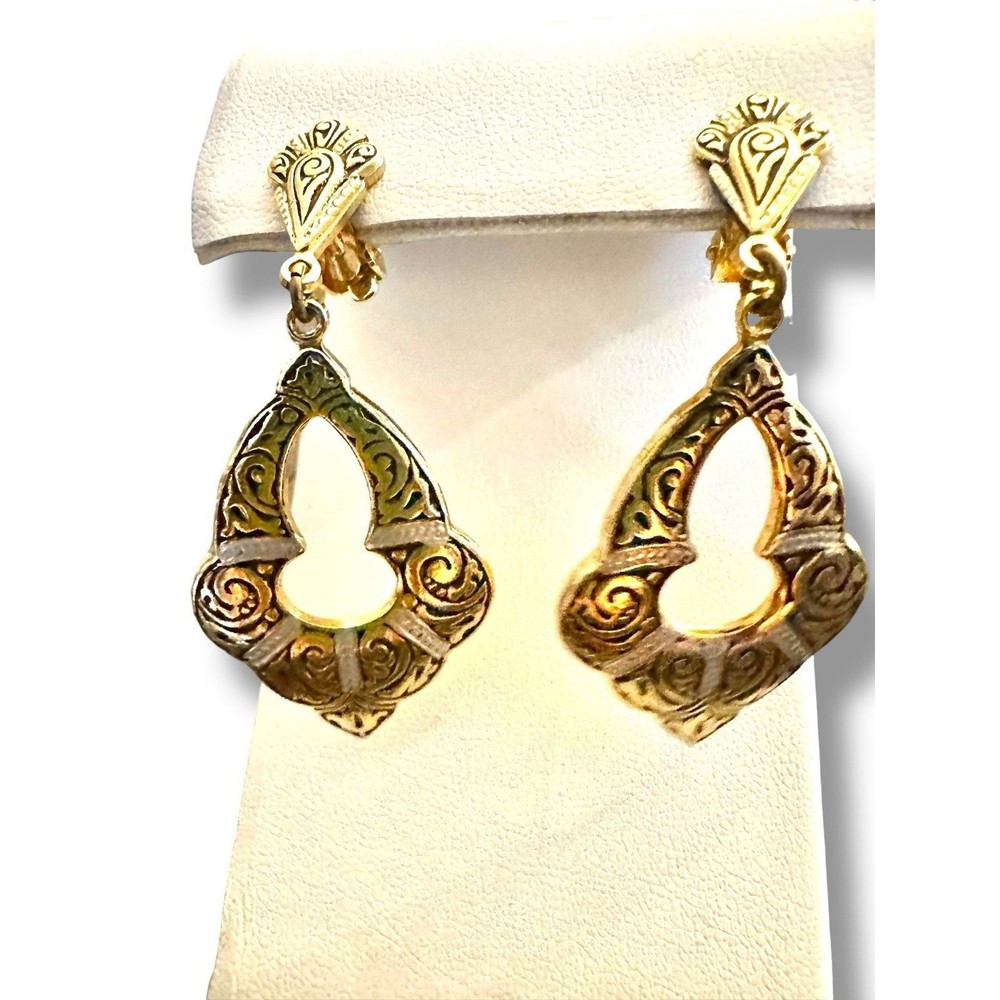 Vintage Gold Tone Damascene Drop Dangle Earrings Multi Tone Gold Silver Clips