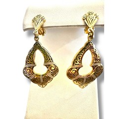 Vintage Gold Tone Damascene Drop Dangle Earrings Multi Tone Gold Silver Clips