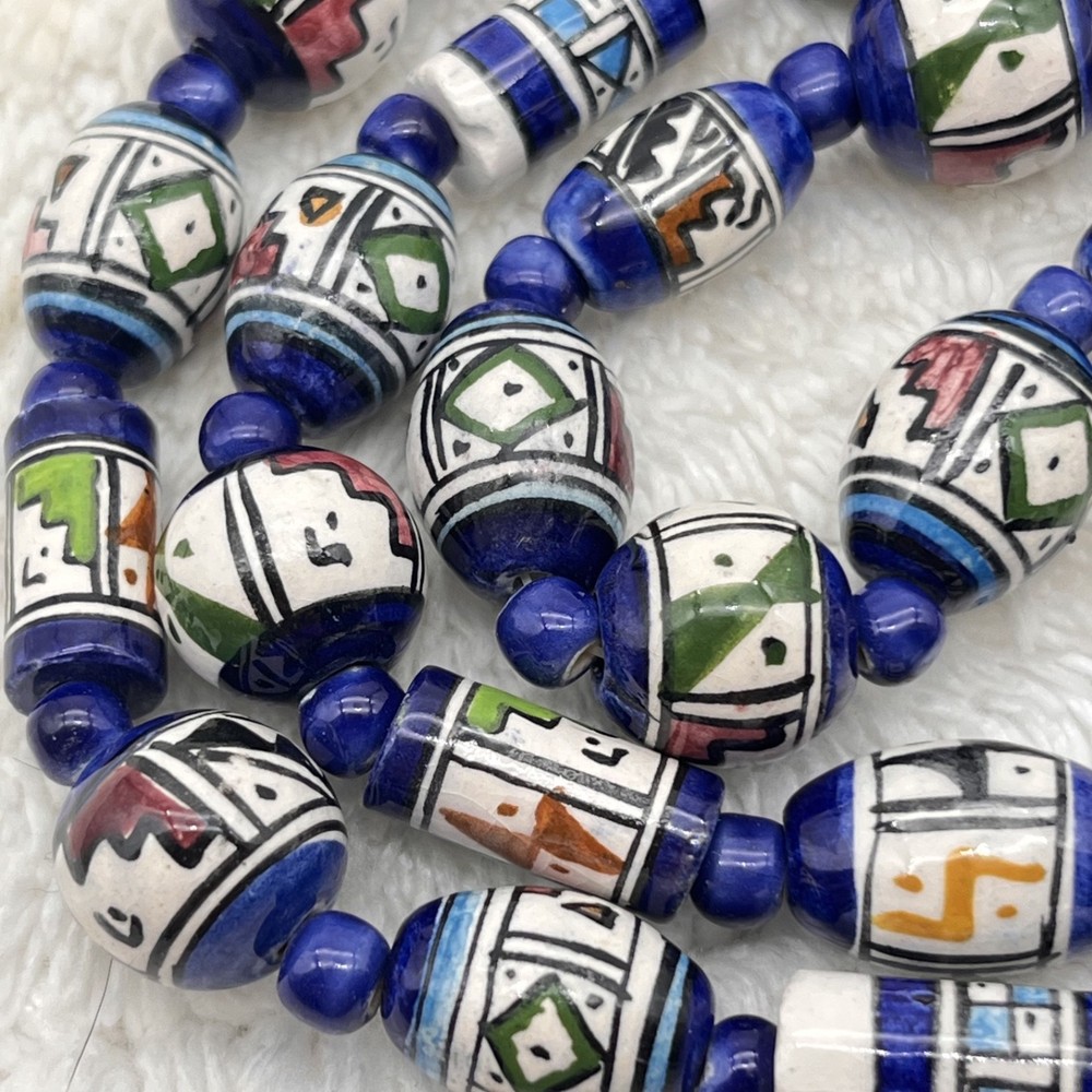 Vintage Geometric Painted Bead Necklace Southwestern Design 26″