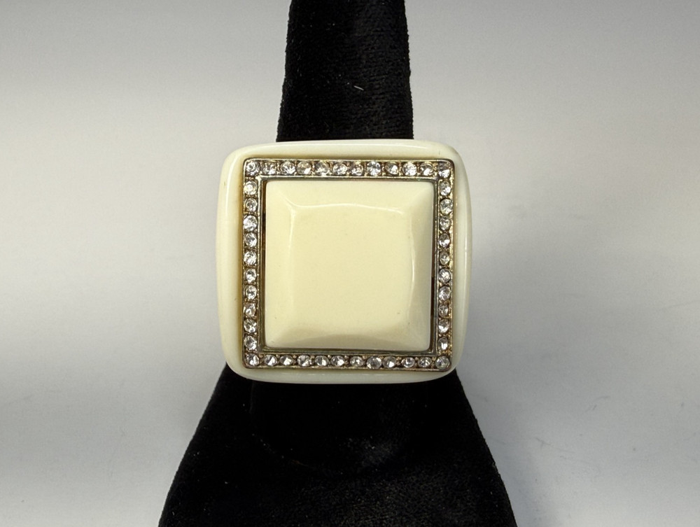 Vintage Large Chunky Plastic Rhinestone Square Shape Ring Size 7.5