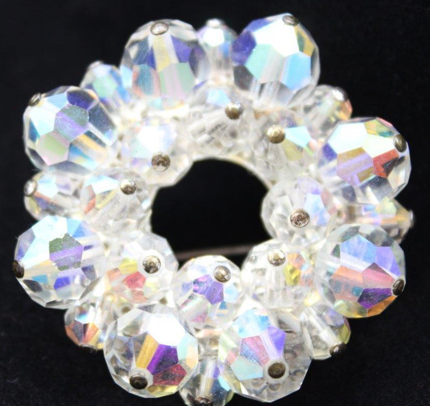 Vintage Large Pin 1 3/4″ Brooch Clear Rhinestones & Blue Vintage Clipon Earrings