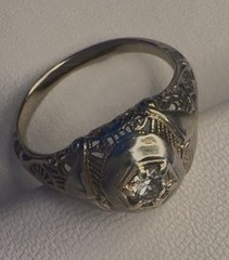Ring-Antique, Art Deco, White Gold, Diamond, Old Mine Cut, Vintage Filigree