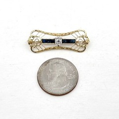 Antique 12k Yellow Gold Art Deco Old European Diamond Sapphire Pearl Pin Brooch