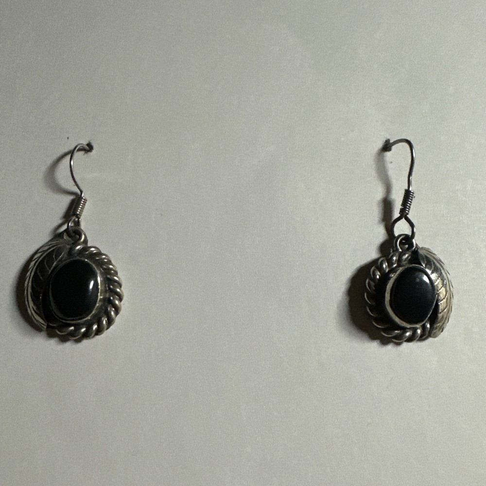 Vintage Nickel Silver Black Onyx?? Stone Dangle Dangling Hook Earrings
