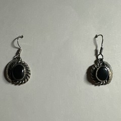 Vintage Nickel Silver Black Onyx?? Stone Dangle Dangling Hook Earrings