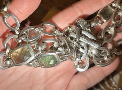 Vintage Anne Klein Silver Tone Chain Link Long Necklace With Green Blue Glass