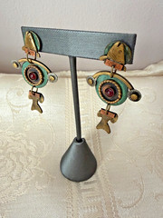 Vtg Mixed Metal Pierced Earrings ARTISAN Dangle Drop Fish ~ Marjorie Bear Style