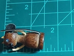 Vintage Miniature Wood Leather Devil Mouse ? Blue Crystal Eye Pin Brooch