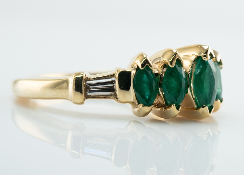 Natural Emerald Diamond Tapered Baguette Ring 14K Gold Band