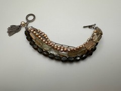 Vintage Sterling Silver Smoky Quartz Pearl 5 Strand Bracelet 8” JB23