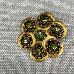 Vintage Brooch Green Stones Textured Gold Tone Swirls 2 Inches