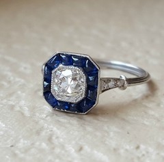 Vintage Art Deco Lab Created Diamond & Sapphire Halo Target 925 Silver Ring