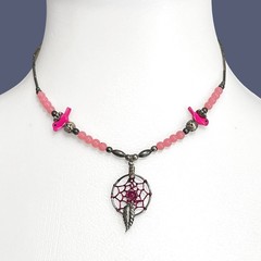 VTG Dreamcatcher Necklace Silver Tone Pink Bird Beaded Choker Southwest Handmade