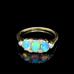 Victorian Cabochon Opal Old Mine Cut Diamond Band 14K Yellow Gold