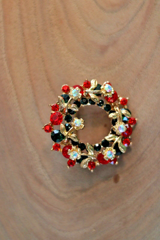 Red, White and Green Rhinestone Brooch BR47B