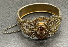 Vintage Gold Tone Filigree Bangle Bracelet Pearl Accents Rose Motif Hinged