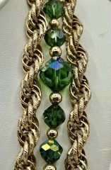 Signed Napier 3 Strand Green Aurora Borealis Crystal Bead Gold Chain Necklace