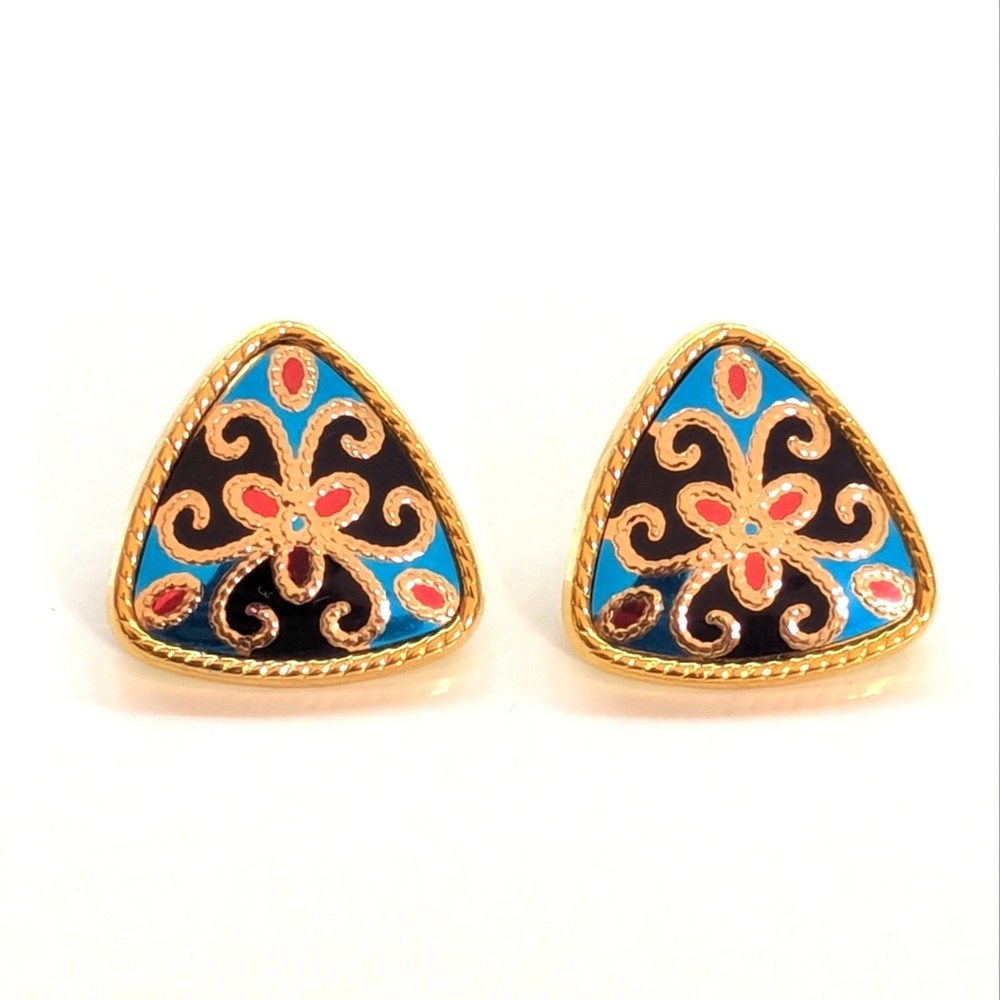 Vintage Avon 1988 Gold Tone Blue Enamel Aztec Mosiac Triangle Enamel Earrings