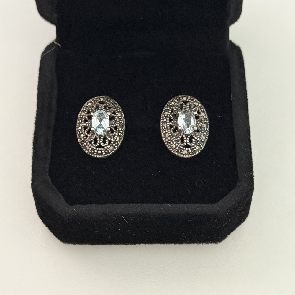 Vintage 925 Sterling Silver Blue Topaz & Marcasite Oval Pierced Stud Earrings