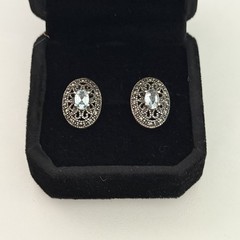 Vintage 925 Sterling Silver Blue Topaz & Marcasite Oval Pierced Stud Earrings