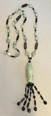 Sterling Silver Carved Jade Cylinder Deco Tassel Necklace Wired Black Glass Bead