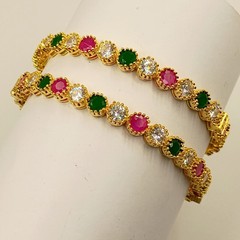 Luxury Ruby Emerald CZ Bangle Set, 22k Gold Plated, Elegant Traditional Wear