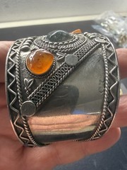 Vintage Indian Bohemian Cuff Bracelet with Natural Gemstones. Silver Tone
