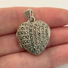 Vintage 925 Sterling Silver Marcasite Puffy Heart Locket Pendant