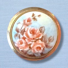 Porcelain Floral Brooch Gold Tone Round Pink Rose Vintage Pin