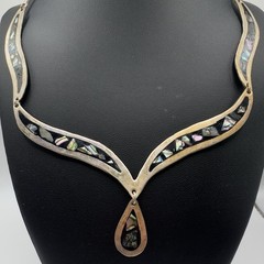 Vintage Mexican Alpaca Abalone Inlay Necklace 17″ Panel Link Drop Pendant