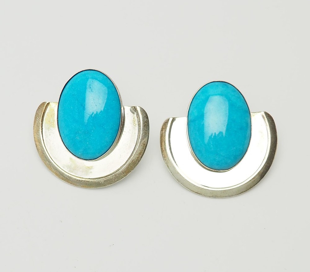 Vintage abstract modern geometry sterling silver blue gemstone signed earrings