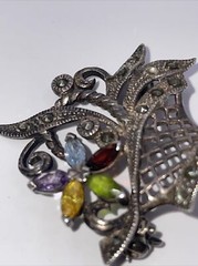 VTG Sterling Silver Marcasite Gemstone Flower Basket Brooch Pin Designer Signed
