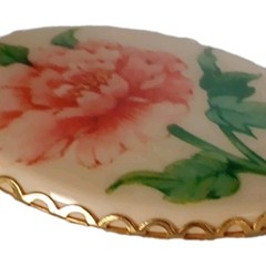 Vintage Hallmark Porcelain Pink Floral Brooch Pendant Gold Tone 2 By 1 1/2 in