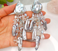 SIGNED MONIES VTG MASSIVE BAROQUE PEARL CRYSTAL 4.5″ DROP EARRINGS UNIQUE RUNWAY