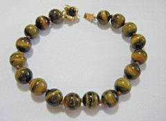 Solid 14k Yellow Gold Flower Clasp 10mm Tiger Eye Round Knotted Beads Bracelet
