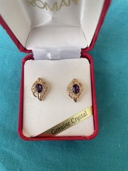 Vtg Roman Rhinestone Faux Amethyst Crystal Earrings In Box New Gold Tone 70s