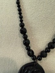 Black Onyx Necklace With Carved Rose Pendant And Graduated Faceted Beads 17.5”